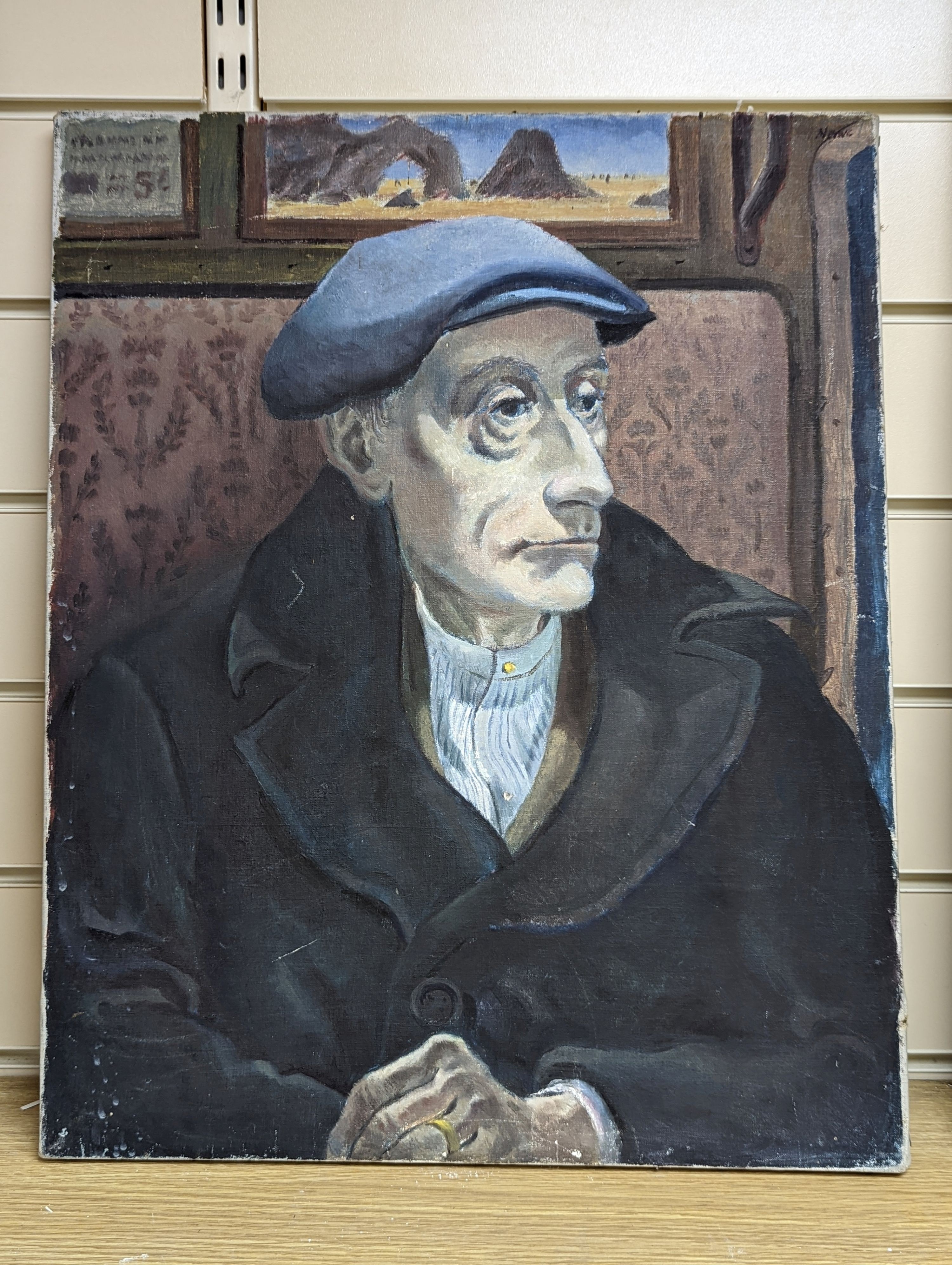 Henry James Neave (1911-1971), oil on canvas, Study of a man seated in a railway carriage, signed, 51 x 41cm, unframed